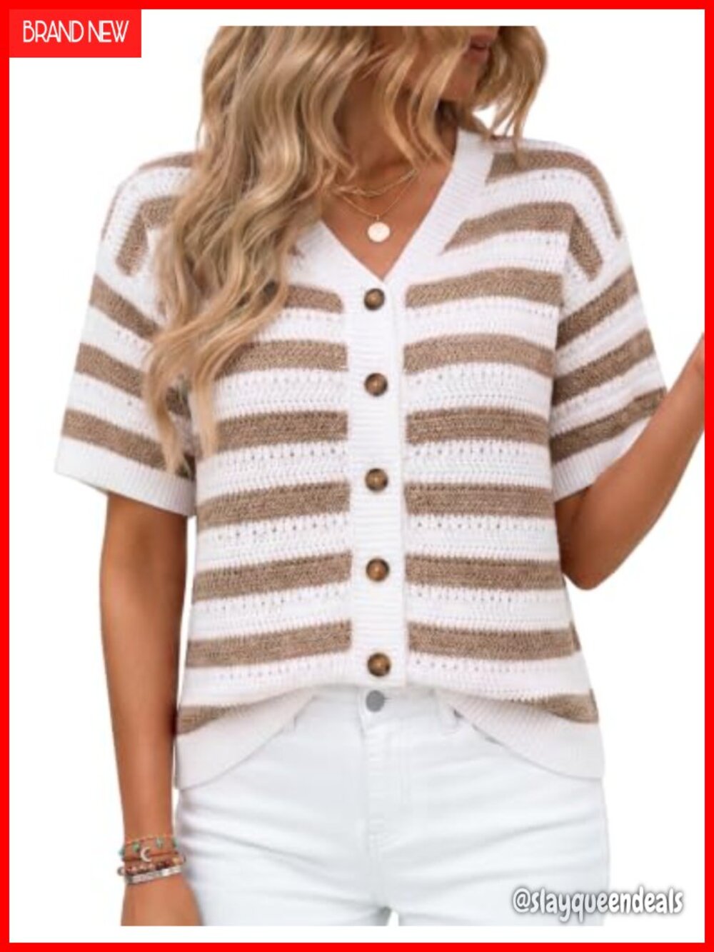 Crochet Knit Short Sleeve Button Up Striped Cardigan Sweater